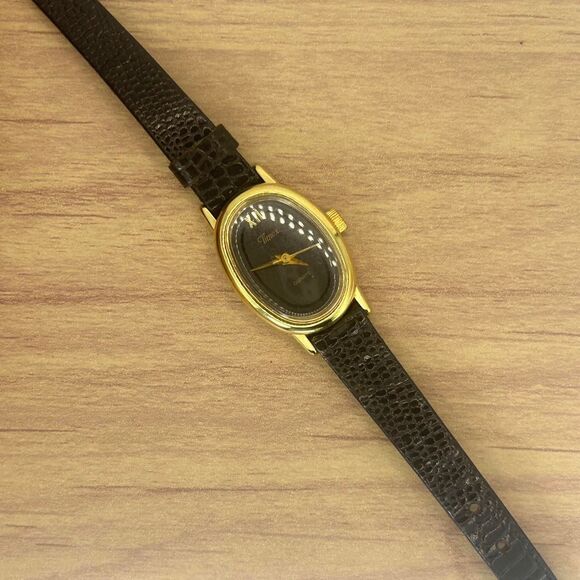 Timex Gold Oval Women’s Watch – Black Dial & Textured Leather Band - Picture 1 of 6